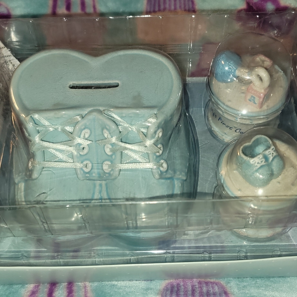 Baby booties bank and trinket box gift set